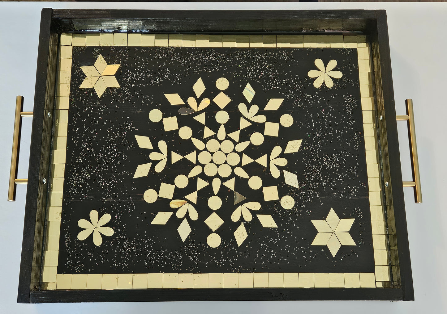 Gold Geometric Mosaic Resin Tray – Handcrafted Black & Gold Art with Brass Handles