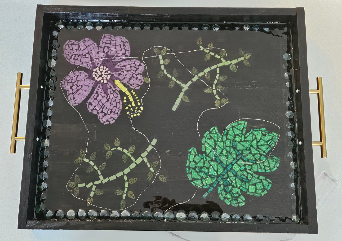 Handcrafted Floral Mosaic Resin Tray with Fairy Lights – Purple Flower & Green Leaf on Black with Gold Handles