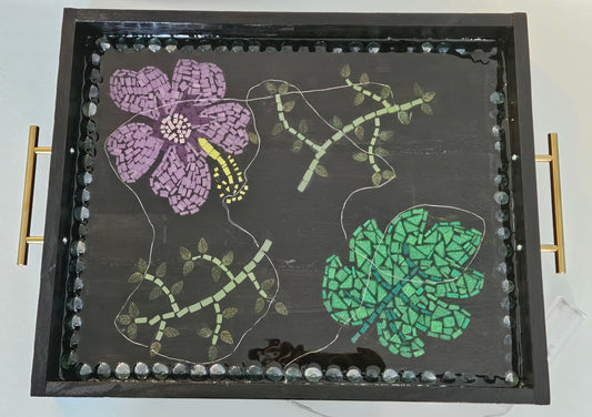 Handcrafted Floral Mosaic Resin Tray with Fairy Lights – Purple Flower & Green Leaf on Black with Gold Handles