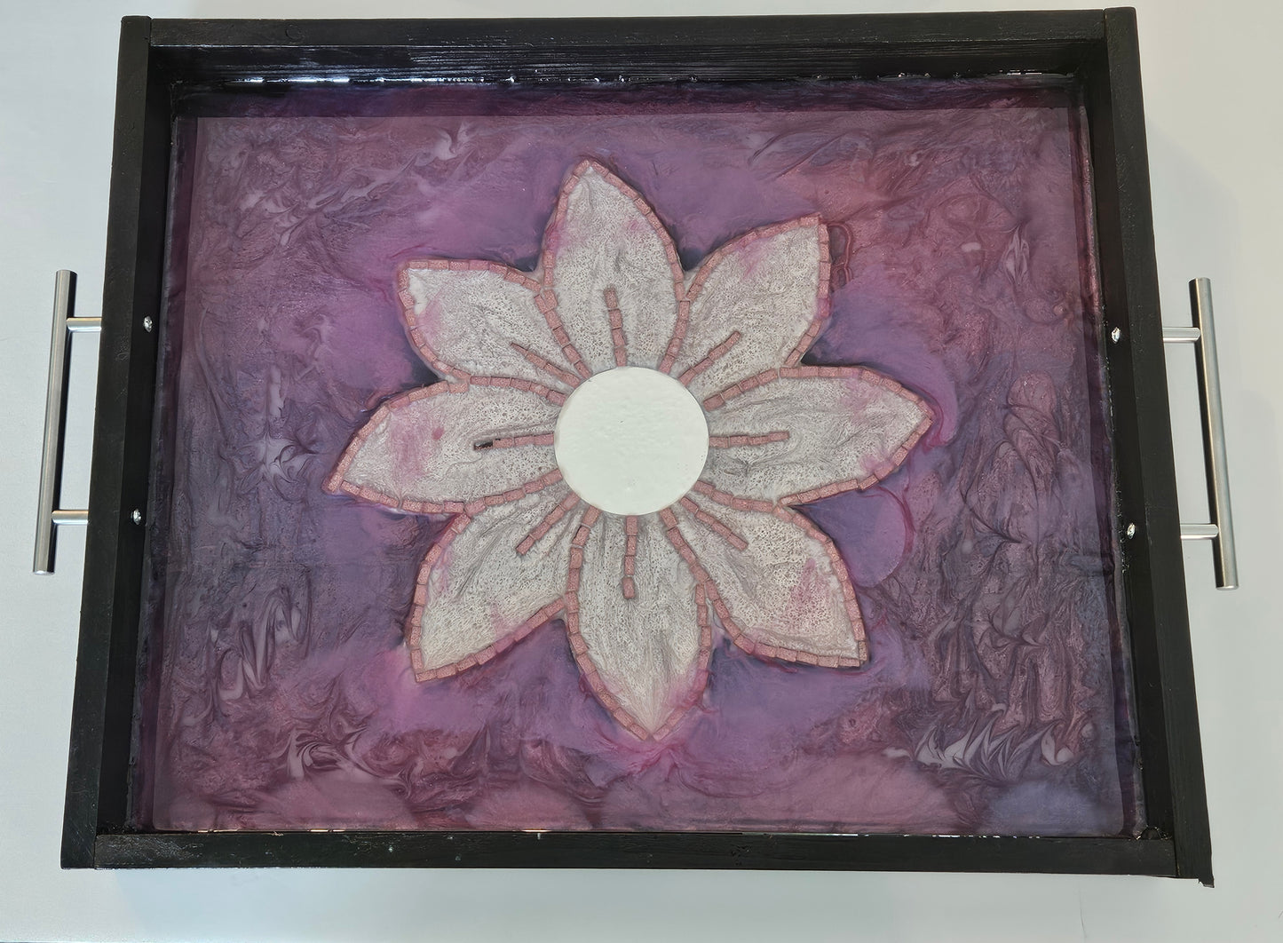 Purple Floral Resin Tray – Handcrafted Swirled Flower Art with Silver Handles
