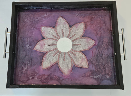 Purple Floral Resin Tray – Handcrafted Swirled Flower Art with Silver Handles