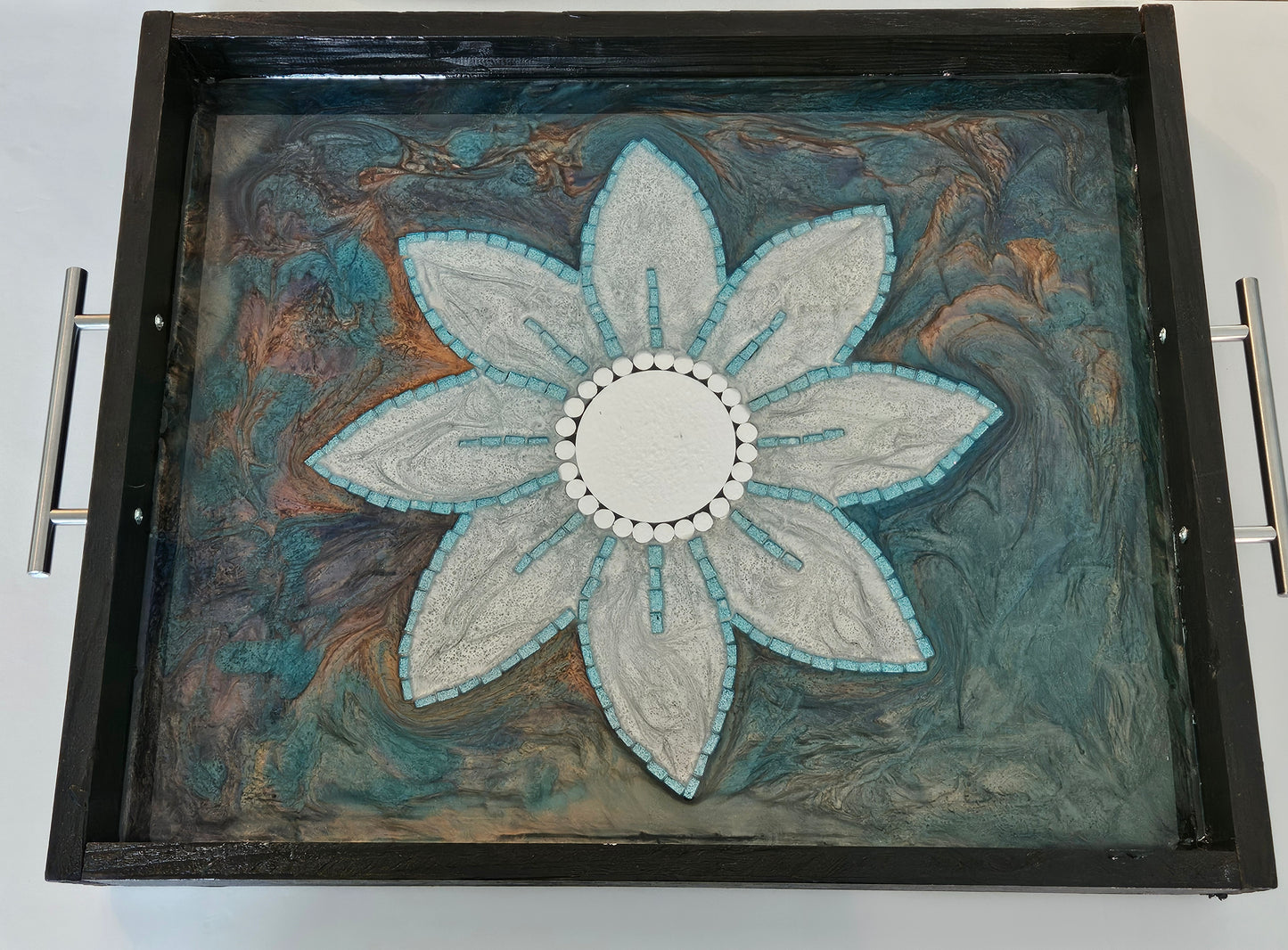 Blue Floral Resin Tray – Handcrafted Swirled Flower Art with Silver Handles