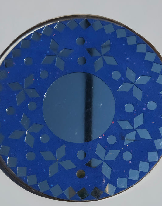 Round Blue Mosaic Mirror – Handcrafted Wall or Table Decor with Geometric Design