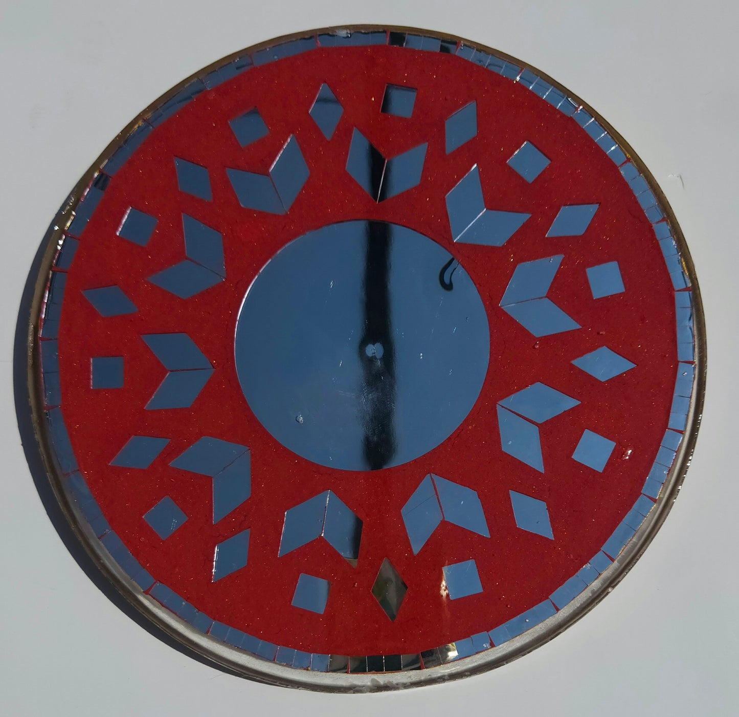 Round Red Mosaic Mirror – Handcrafted Wall or Table Decor with Geometric Design (Copy)