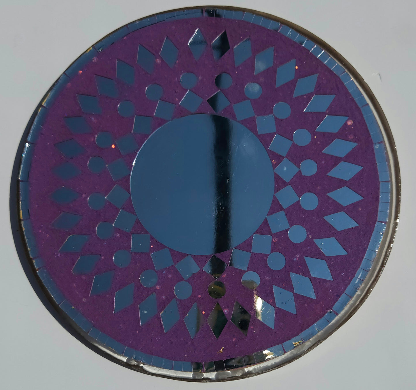 Round Purple Mosaic Mirror – Handcrafted Wall or Table Decor with Geometric Design (Copy) (Copy)