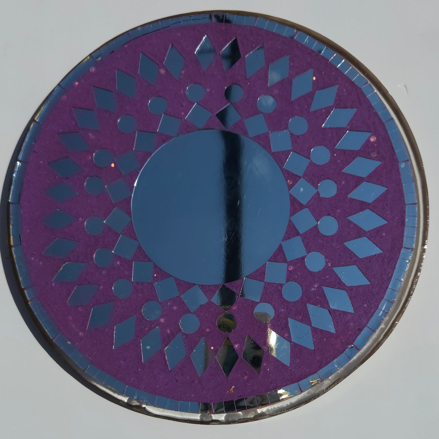 Round Purple Mosaic Mirror – Handcrafted Wall or Table Decor with Geometric Design (Copy) (Copy)