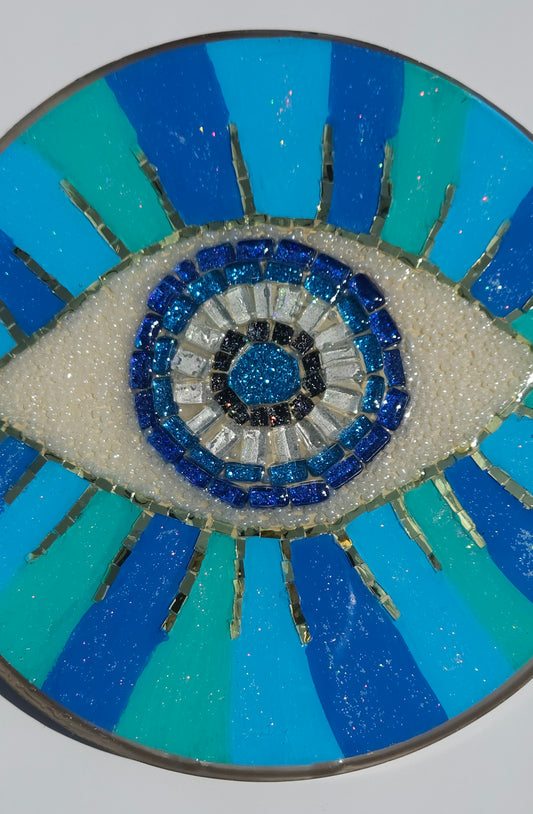 Handmade Mosaic Evil Eye Wall Hanging – Protective Home Decor Light Blue Stripe