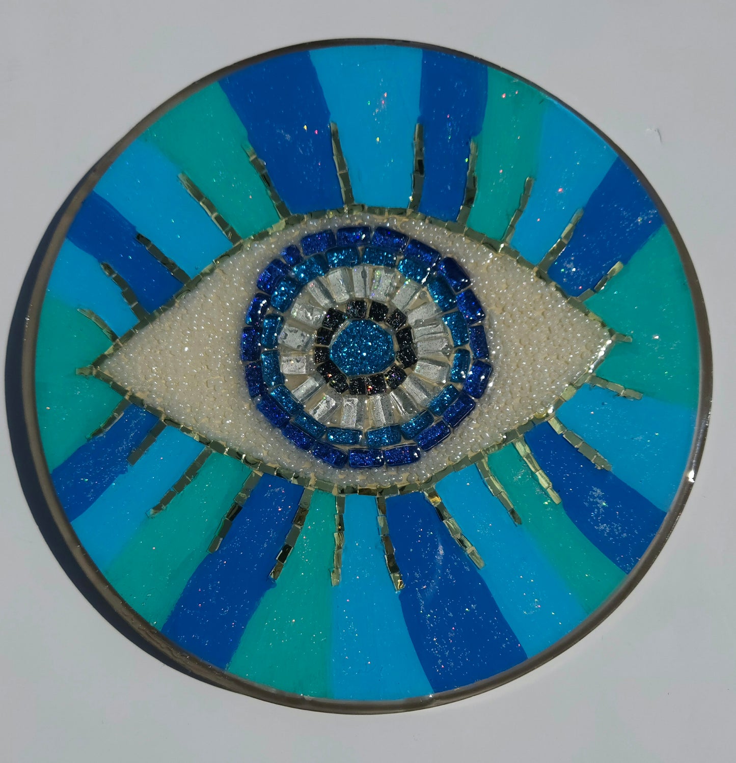 Handmade Mosaic Evil Eye Wall Hanging ā Protective Home Decor Light Blue Stripe