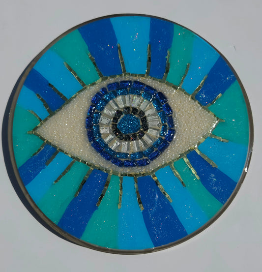 Handmade Mosaic Evil Eye Wall Hanging – Protective Home Decor Light Blue Stripe