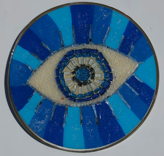 Handmade Mosaic Evil Eye Wall Hanging – Protective Home Decor Dark Blue Stripe