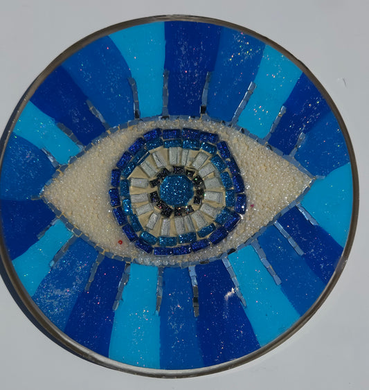 Handmade Mosaic Evil Eye Wall Hanging – Protective Home Decor Dark Blue Stripe