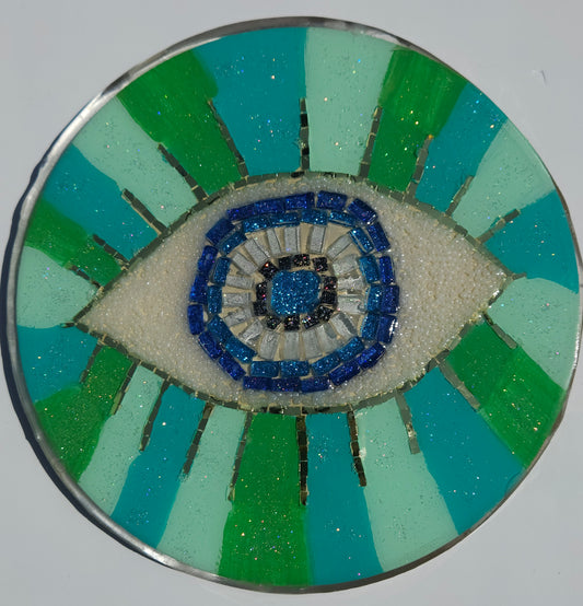Handmade Mosaic Evil Eye Wall Hanging – Protective Home Decor Green Stripe