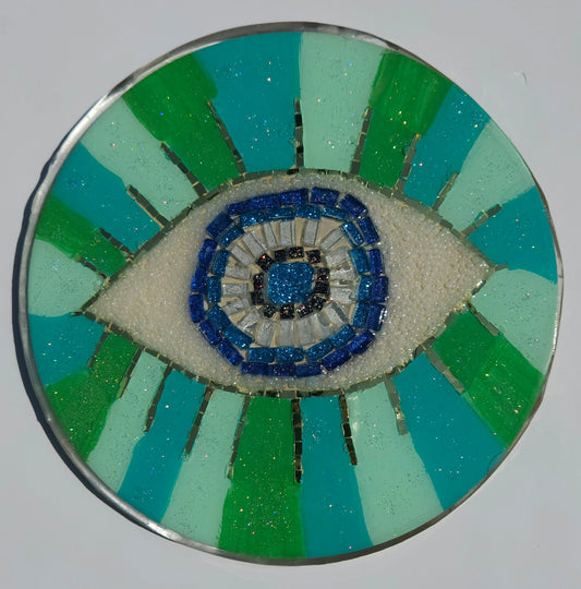 Handmade Mosaic Evil Eye Wall Hanging – Protective Home Decor Green Stripe