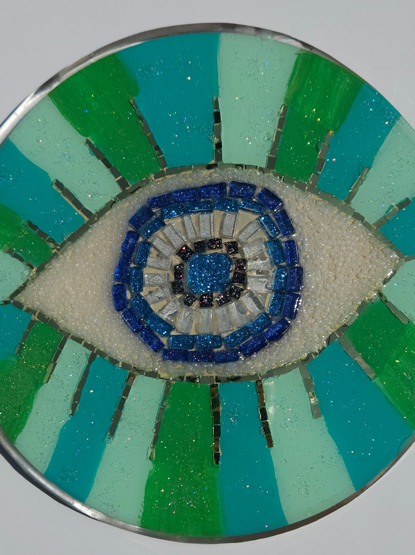 Handmade Mosaic Evil Eye Wall Hanging ā Protective Home Decor Green Stripe