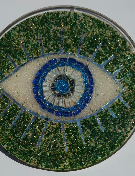 Handmade Mosaic Evil Eye Wall Hanging – Protective Home Decor Green Beaded