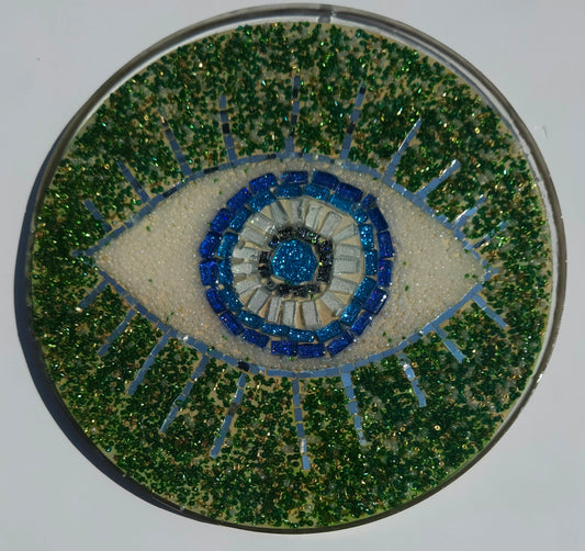 Handmade Mosaic Evil Eye Wall Hanging – Protective Home Decor Green Beaded