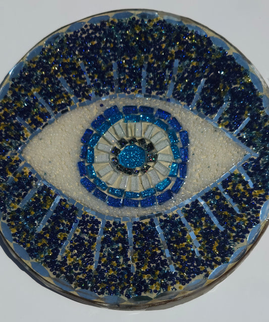Handmade Mosaic Evil Eye Wall Hanging – Protective Home Decor Dark Blue Beaded