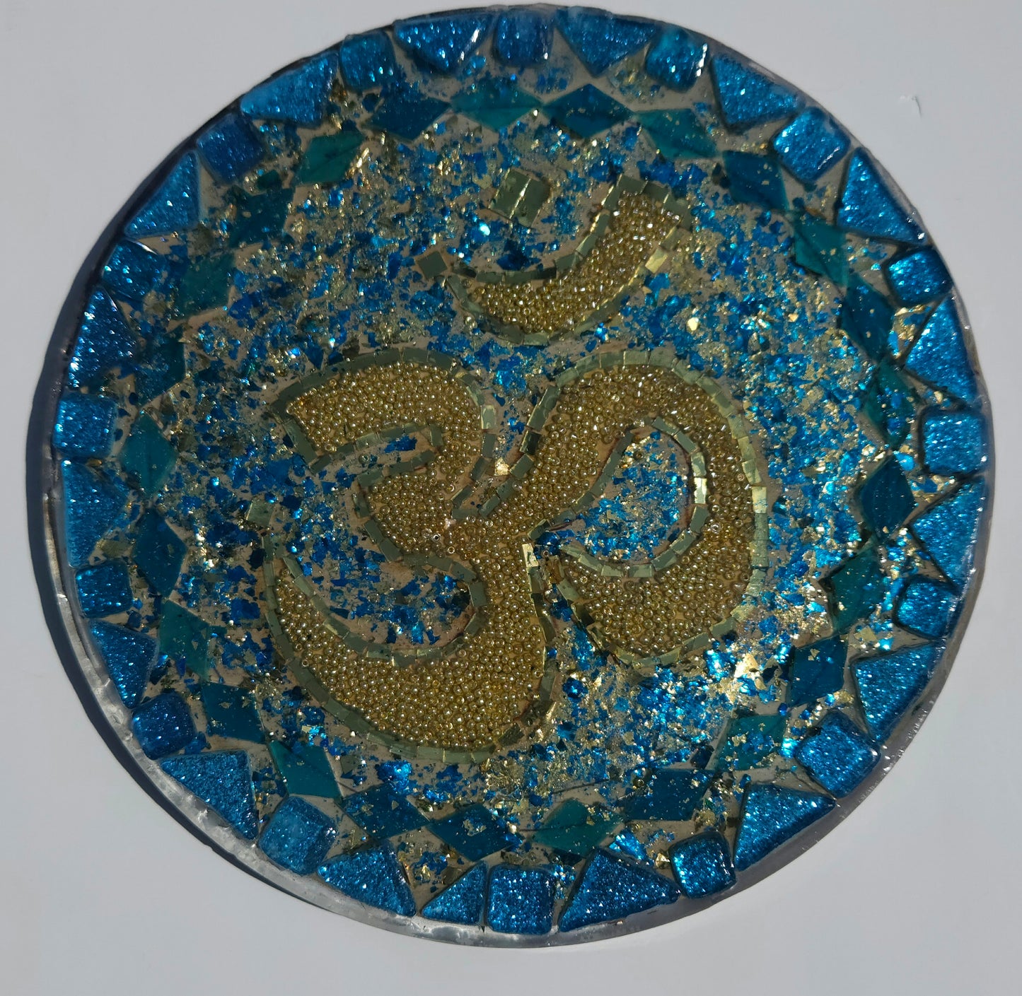 Handcrafted Om 🕉️ Mosaic Wall Art – Resin, Beads & Glass Tile Turquoise Glitter