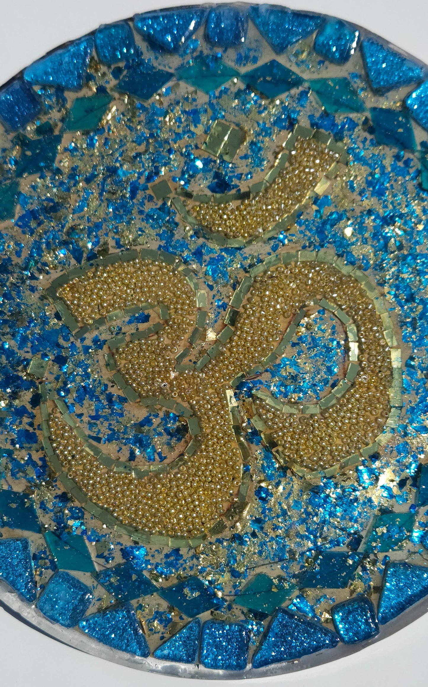 Handcrafted Om 🕉️ Mosaic Wall Art – Resin, Beads & Glass Tile Turquoise Glitter