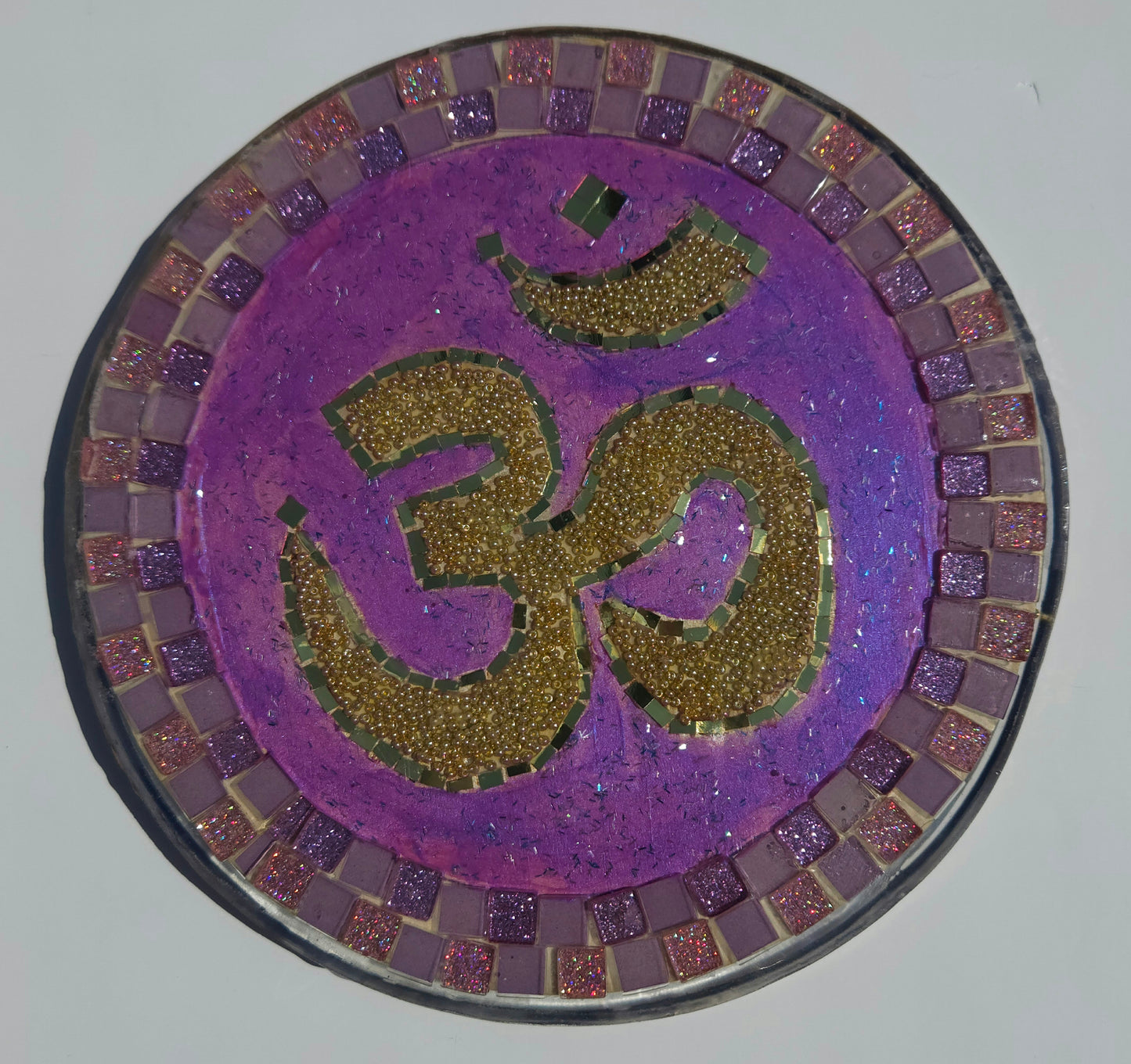 Handcrafted Om 🕉️ Mosaic Wall Art – Resin, Beads & Glass Tile Pink Sizzle