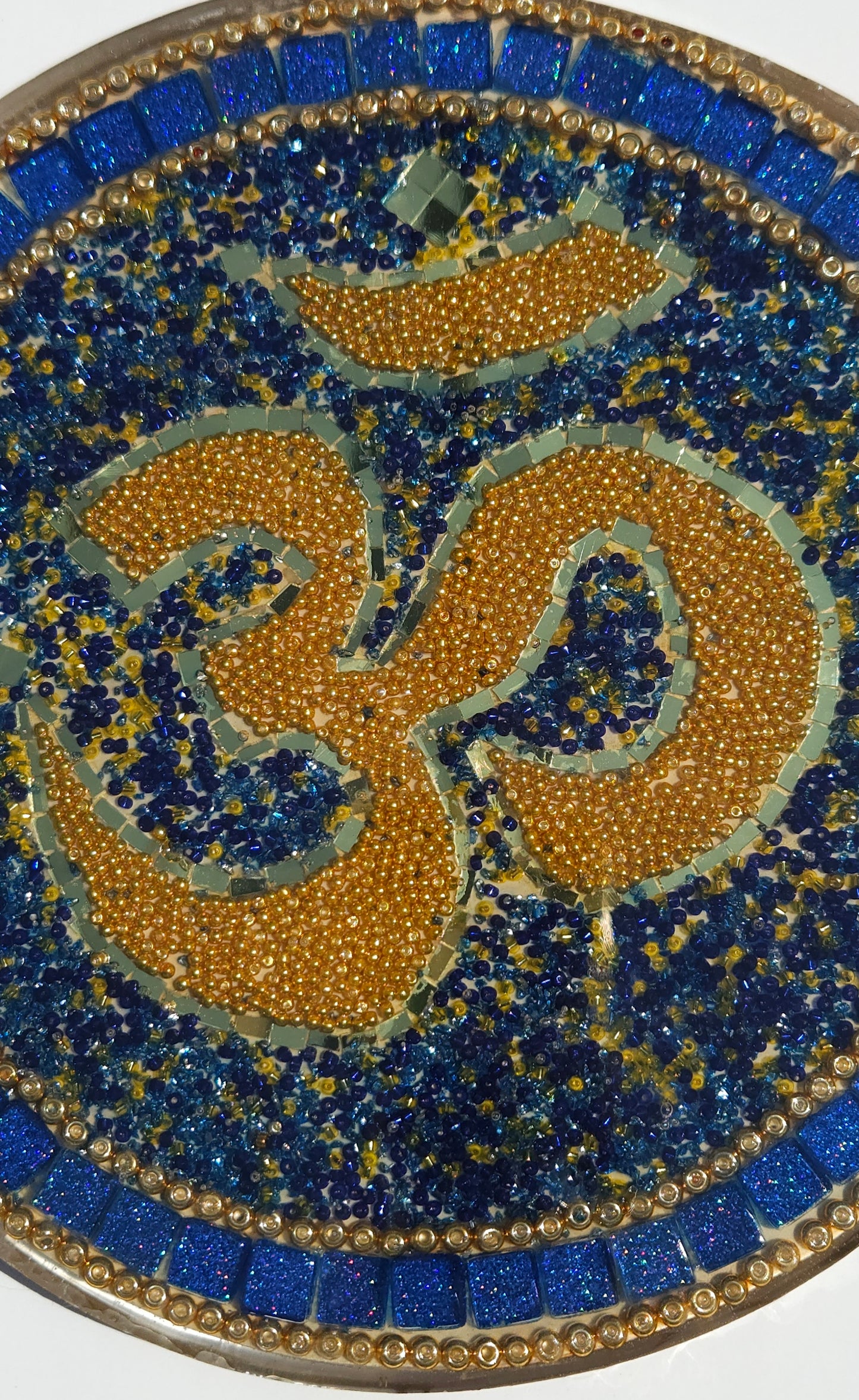 Handcrafted Om 🕉️ Mosaic Wall Art – Resin, Beads & Glass Tile Blue Cobalt
