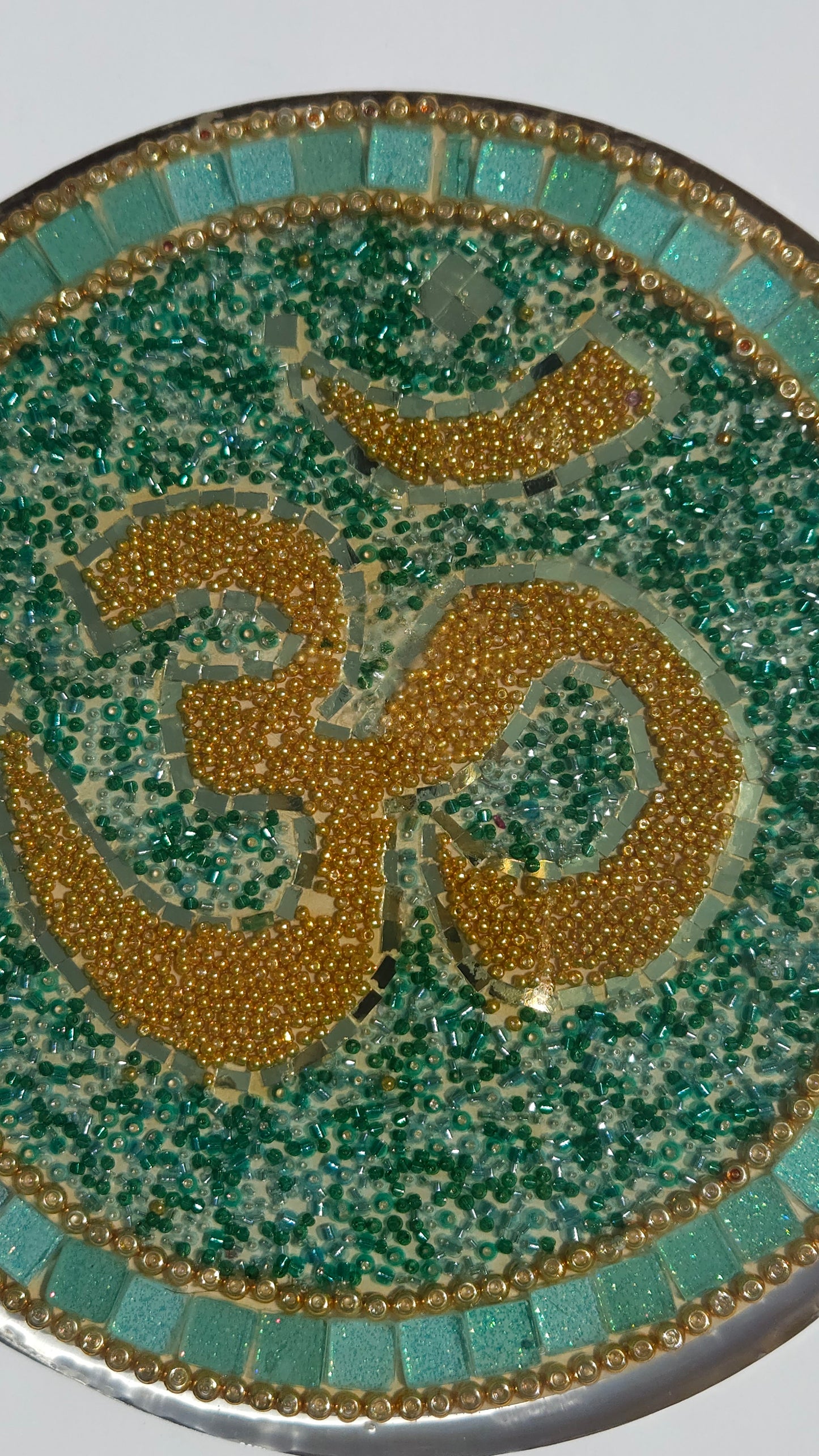 Handcrafted Om 🕉️ Mosaic Wall Art – Resin, Beads & Glass Tile Green Shimmer