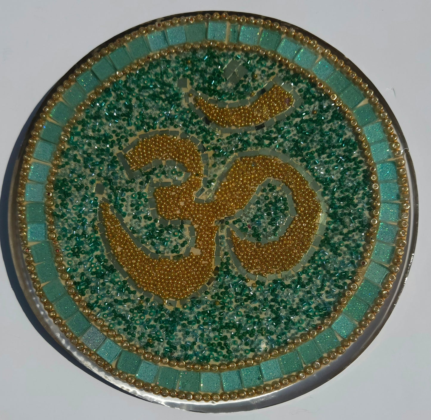 Handcrafted Om 🕉️ Mosaic Wall Art – Resin, Beads & Glass Tile Green Shimmer