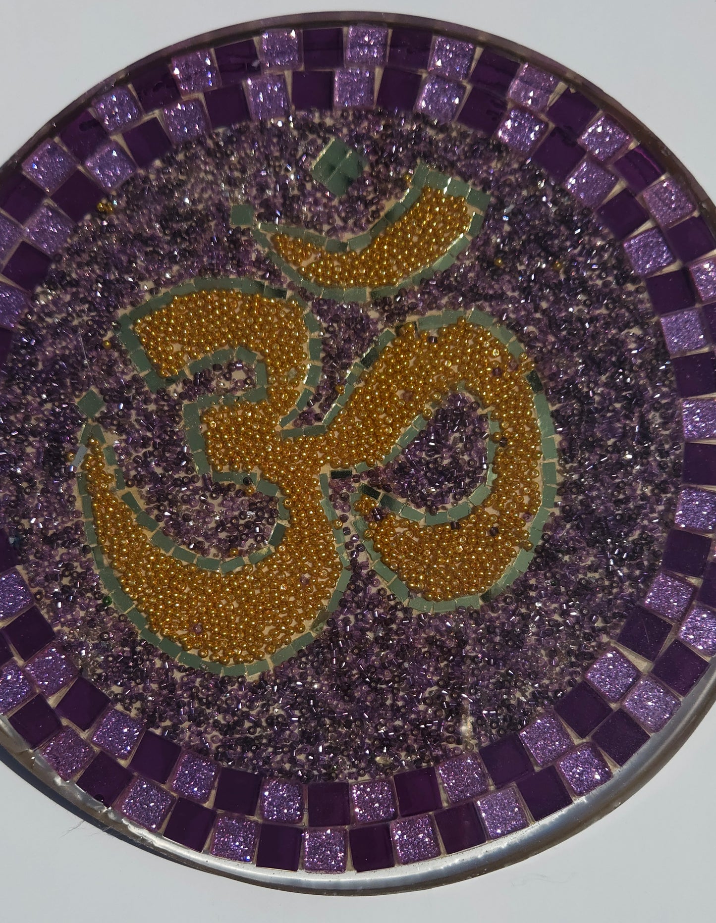 Handcrafted Om 🕉️ Mosaic Wall Art – Resin, Beads & Glass Tile Purple Glow