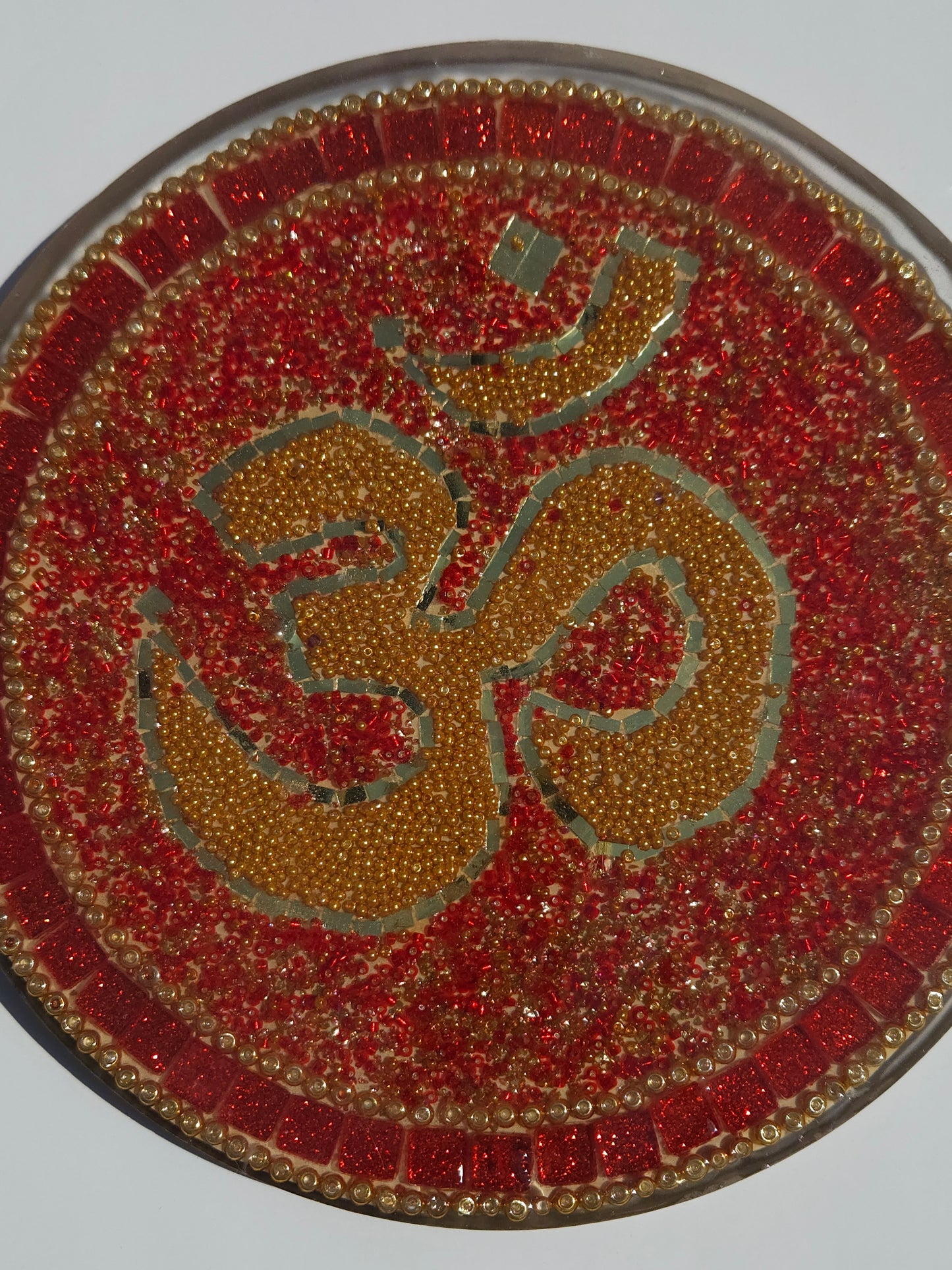 Handcrafted Om 🕉️ Mosaic Wall Art – Resin, Beads & Glass Tile Red Glitter