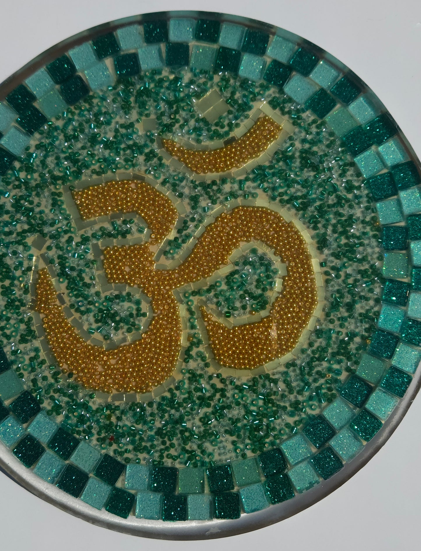 Handcrafted Om 🕉️ Mosaic Wall Art – Resin, Beads & Glass Tile Green Checkered Shimmer