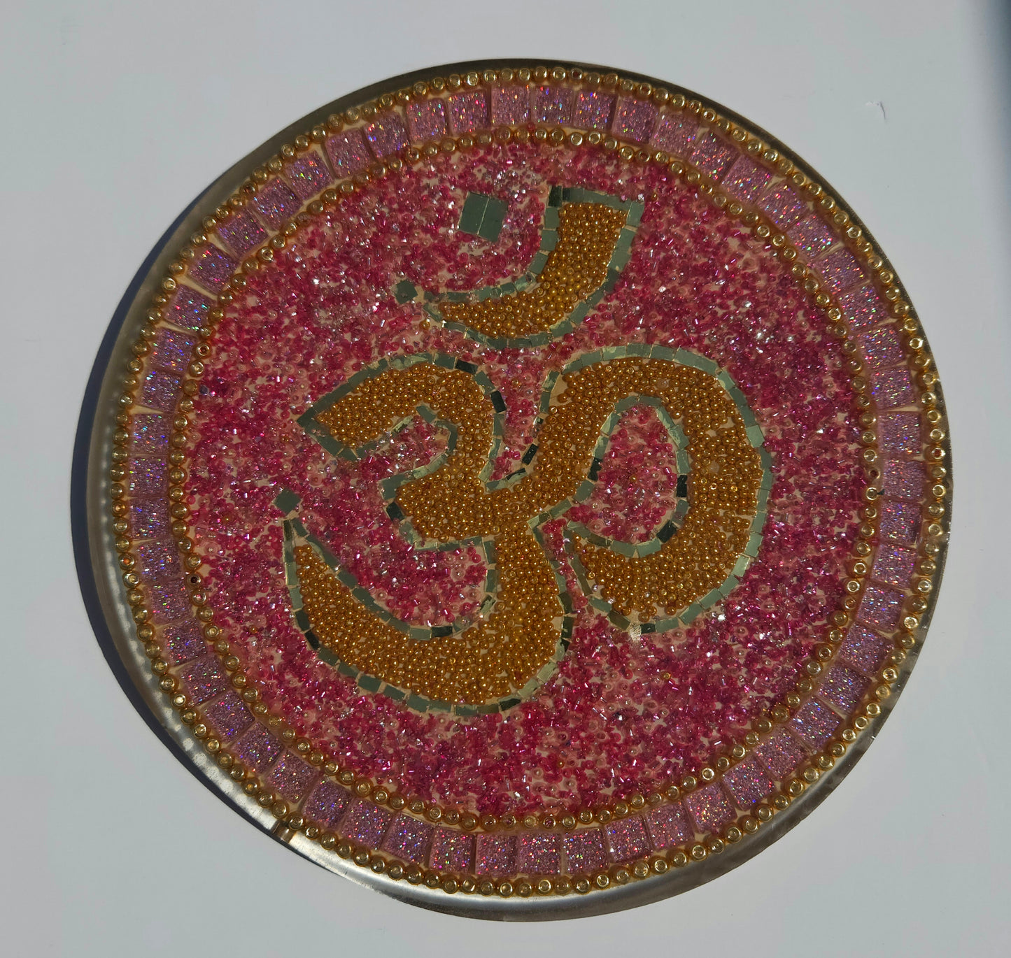 Handcrafted Om 🕉️ Mosaic Wall Art – Resin, Beads & Glass Tile Sky Pink Shimm