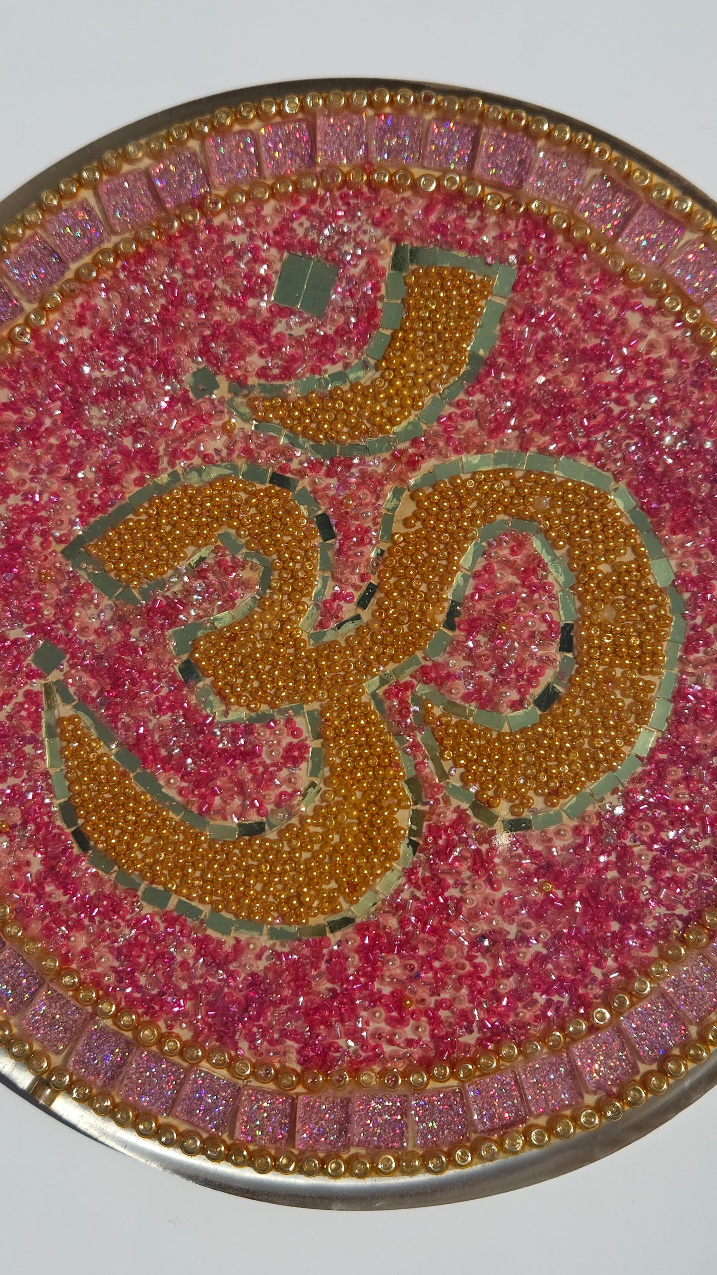 Handcrafted Om 🕉️ Mosaic Wall Art – Resin, Beads & Glass Tile Sky Pink Shimm