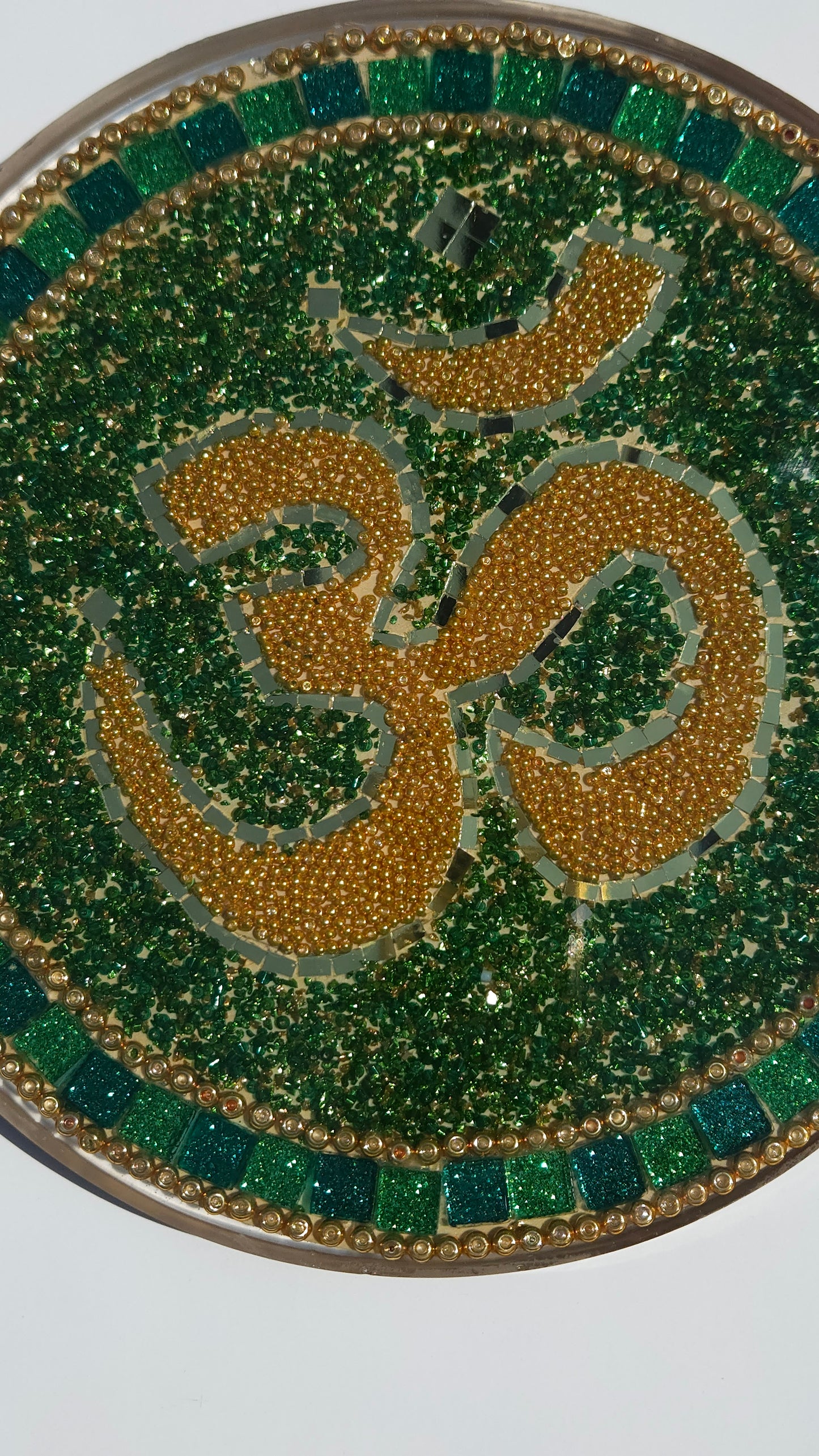 Handcrafted Om 🕉️ Mosaic Wall Art – Resin, Beads & Glass Tile Forest Green Shine