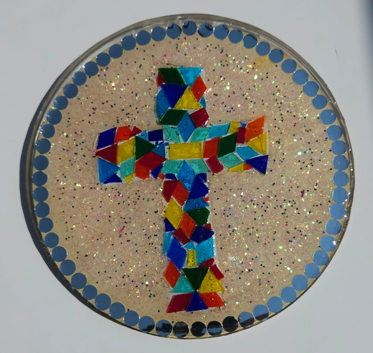 Stained Glass Rainbow Cross – Mosaic Resin Wall Hanging (8")