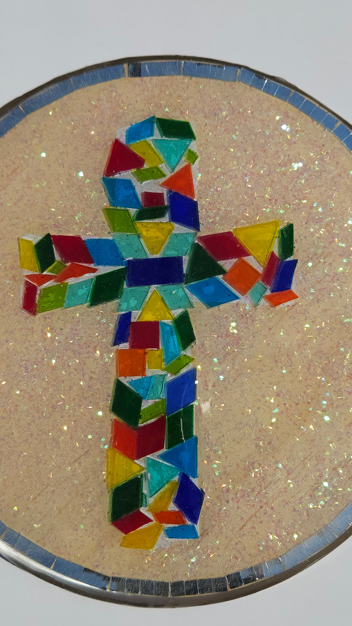 Stained Glass Rainbow Cross – Mosaic Resin Wall Hanging (8")