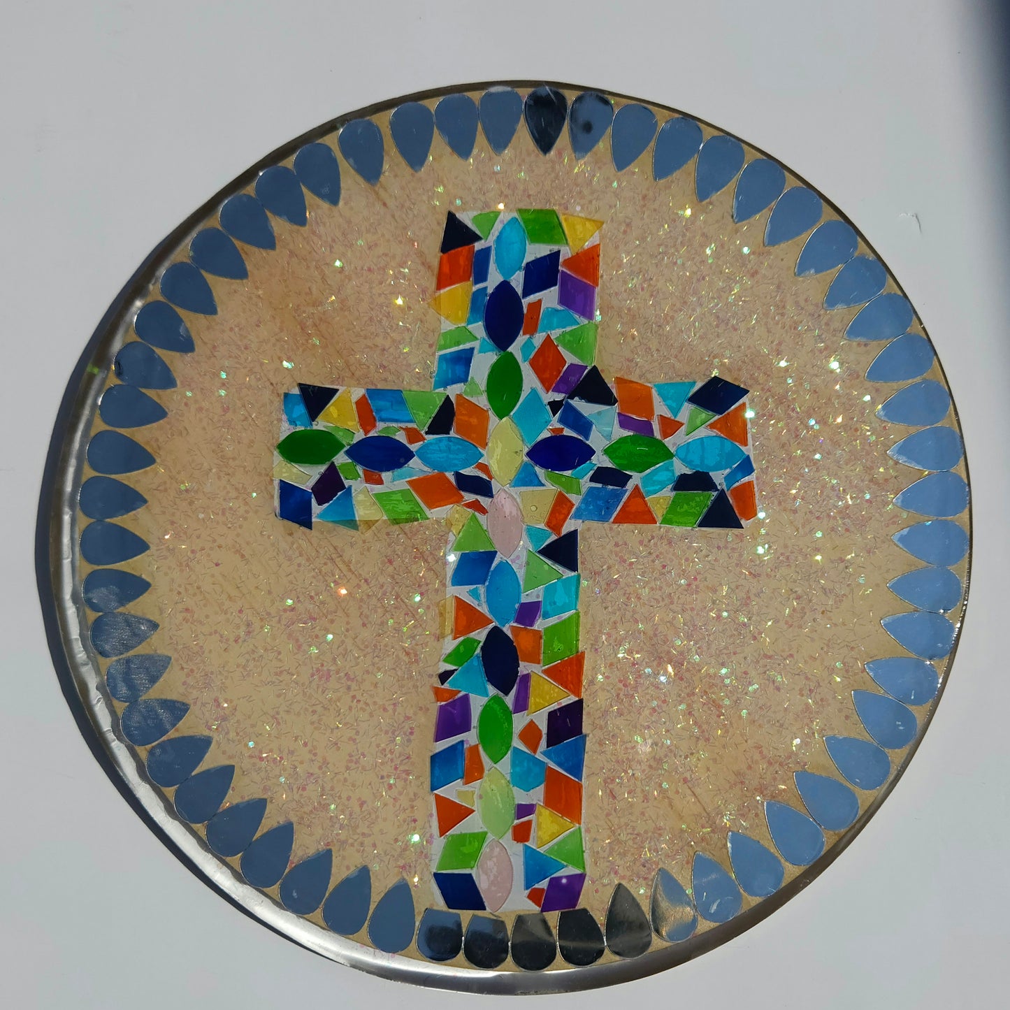 Stained Glass Rainbow Cross – Mosaic Resin Wall Hanging (8")