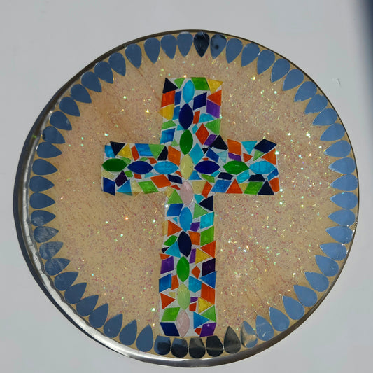 Stained Glass Rainbow Cross – Mosaic Resin Wall Hanging (8")