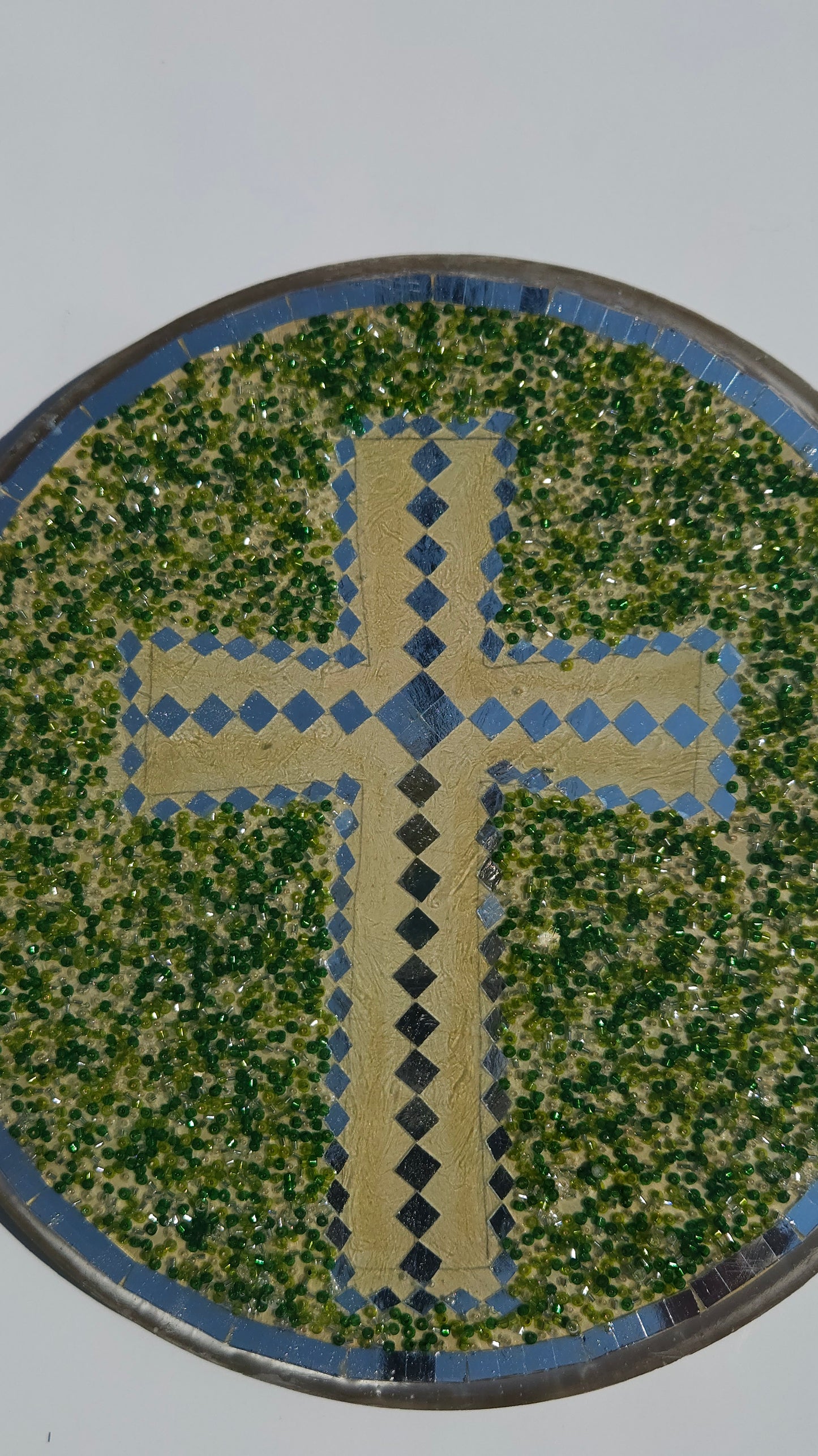 Mosaic Cross Wall Hanging – Handcrafted Resin Art with Green Glass & Mirror Accents (8") Green (Copy)