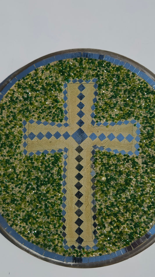 Mosaic Cross Wall Hanging – Handcrafted Resin Art with Green Glass & Mirror Accents (8") Green (Copy)