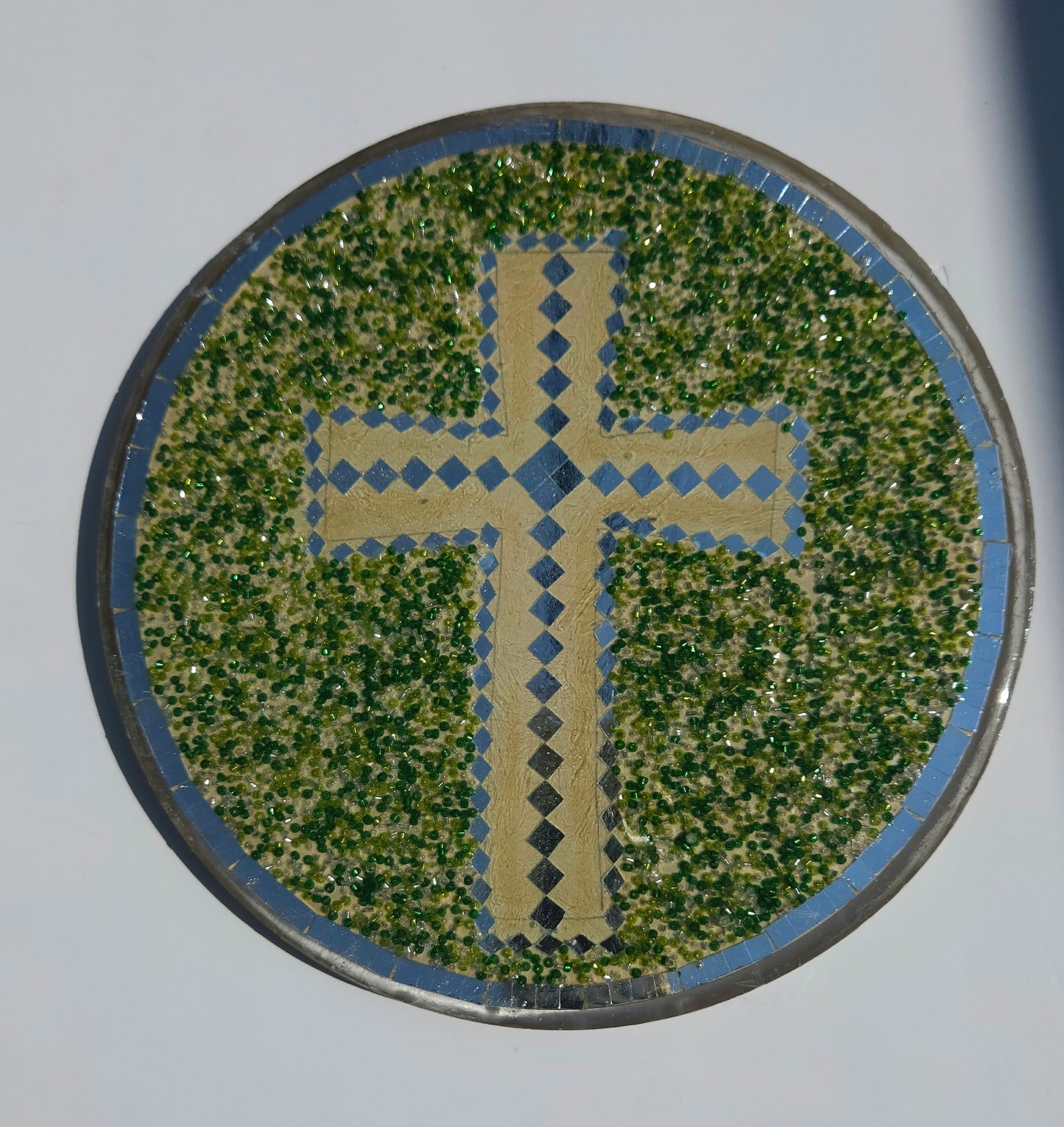 Mosaic Cross Wall Hanging – Handcrafted Resin Art with Green Glass & Mirror Accents (8") Green (Copy)