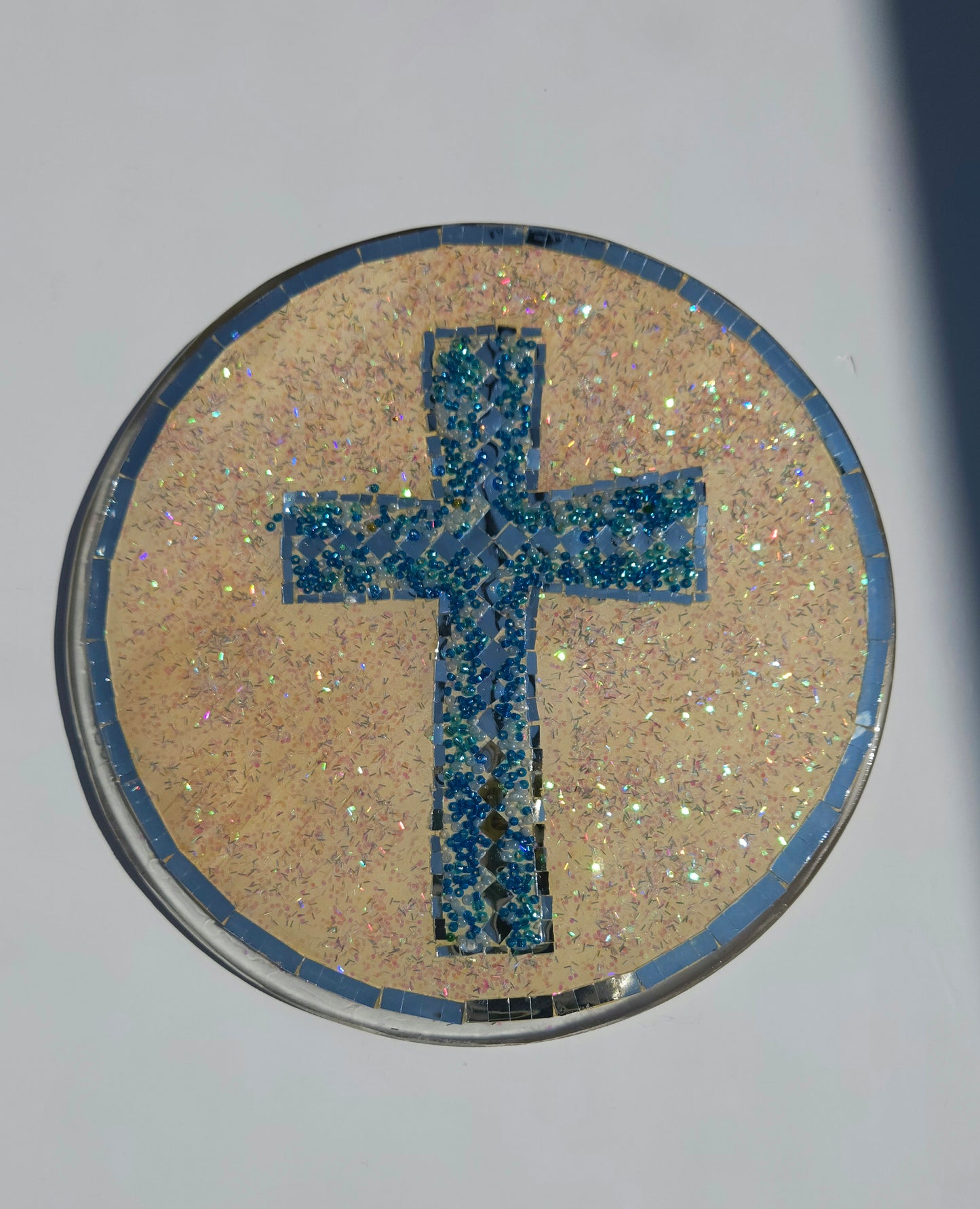 Mosaic Cross Wall Hanging – Handcrafted Resin Art with Blue Glass & Mirror Accents (8")