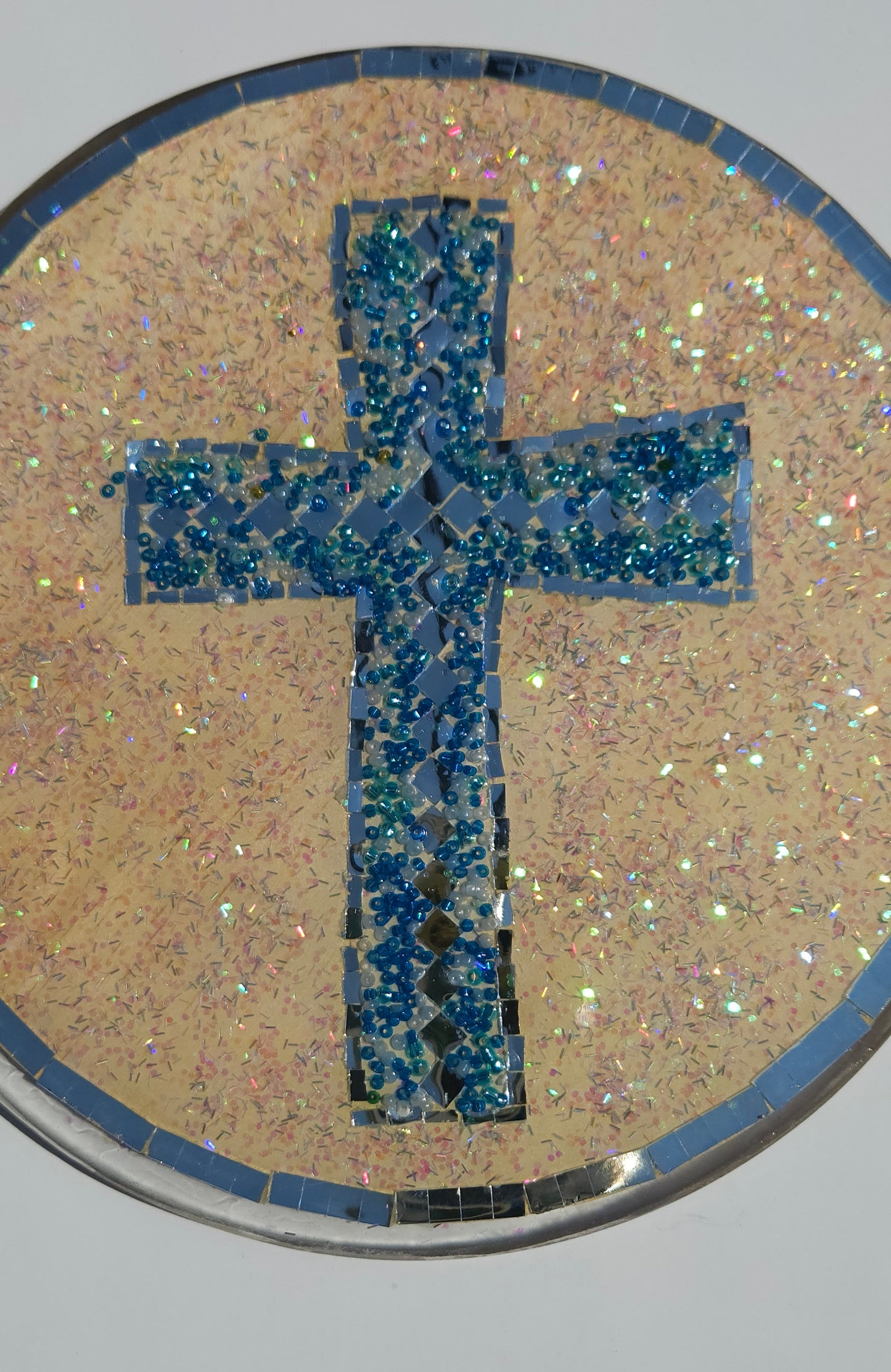 Mosaic Cross Wall Hanging – Handcrafted Resin Art with Blue Glass & Mirror Accents (8")