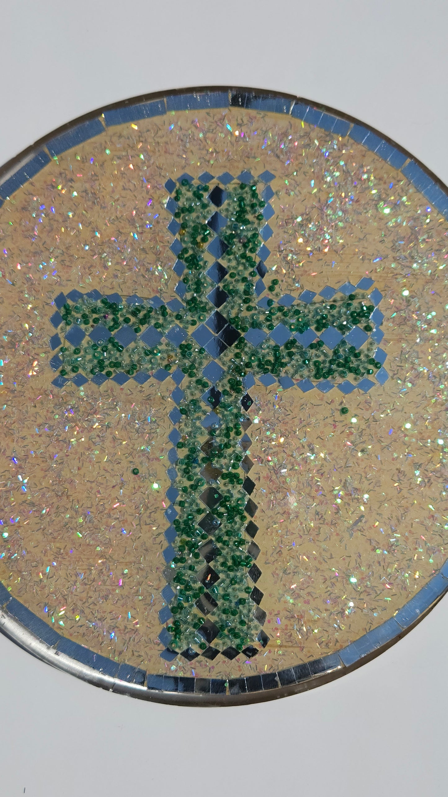 Mosaic Cross Wall Hanging – Handcrafted Resin Art with Green Glass & Mirror Accents (8") Green