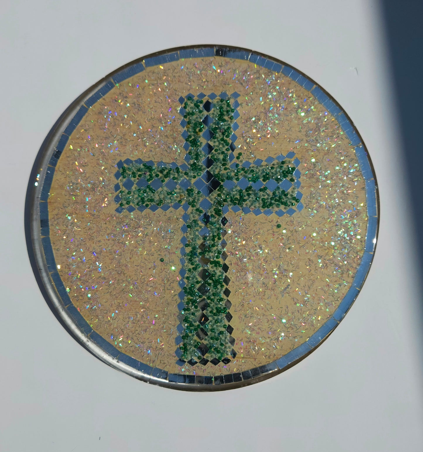 Mosaic Cross Wall Hanging – Handcrafted Resin Art with Green Glass & Mirror Accents (8") Green