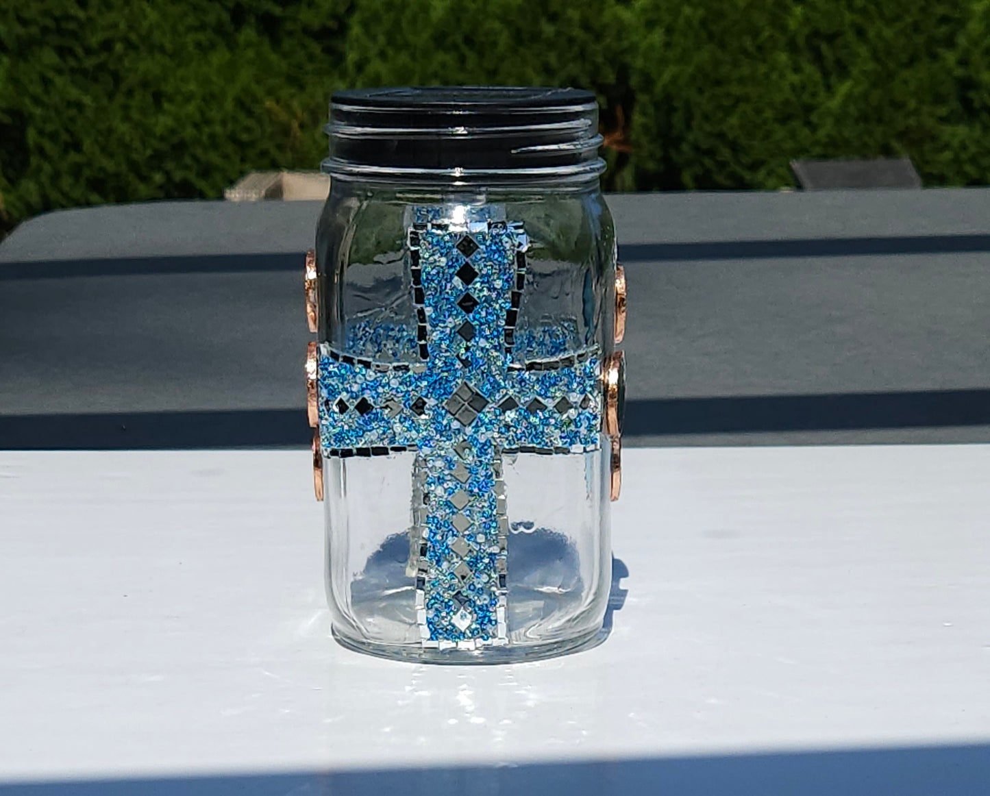 Handmade Mosaic Cross Solar Light Jar – Dark Blue Glass Beads & Copper Accents