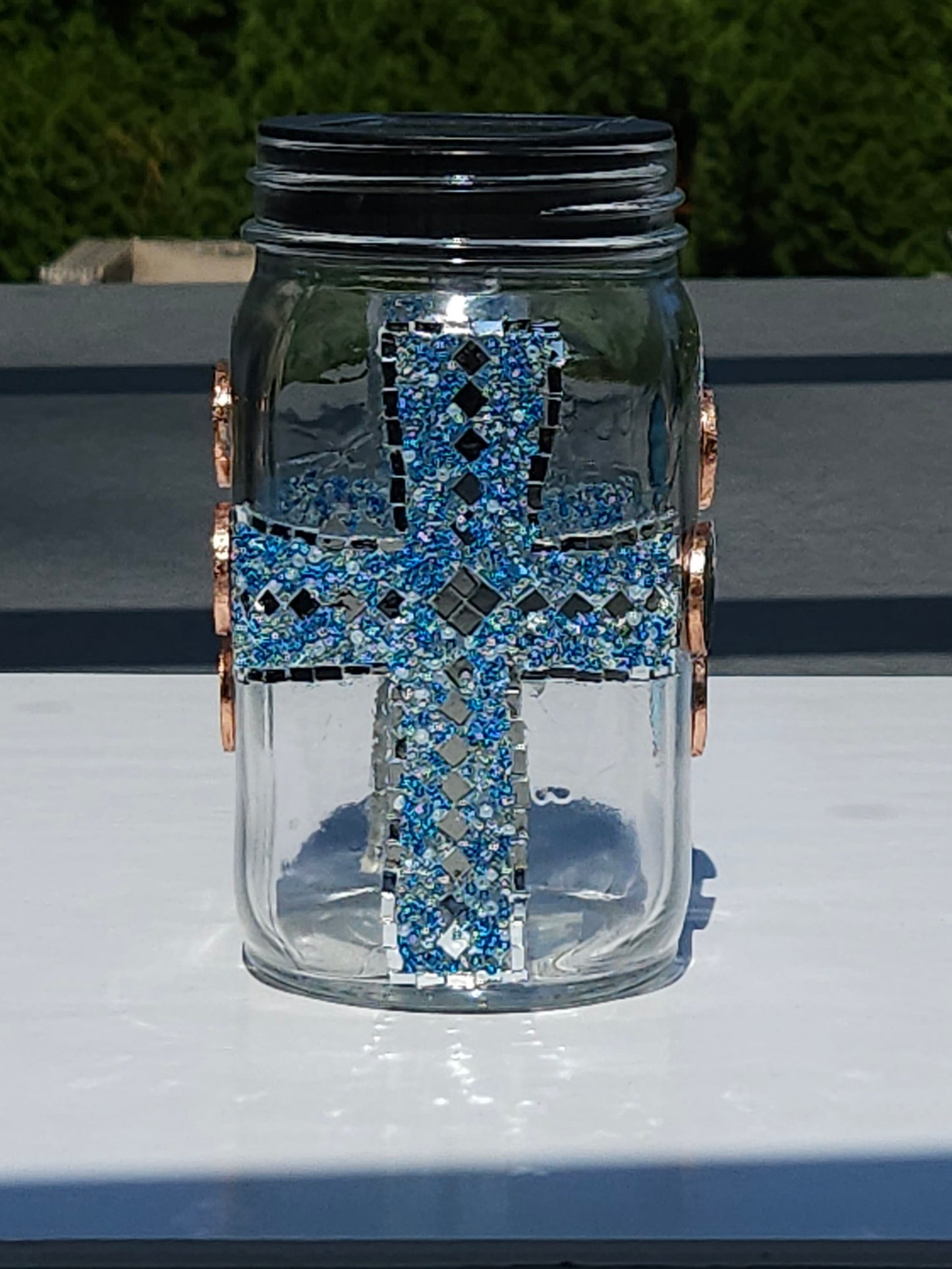 Handmade Mosaic Cross Solar Light Jar – Dark Blue Glass Beads & Copper Accents