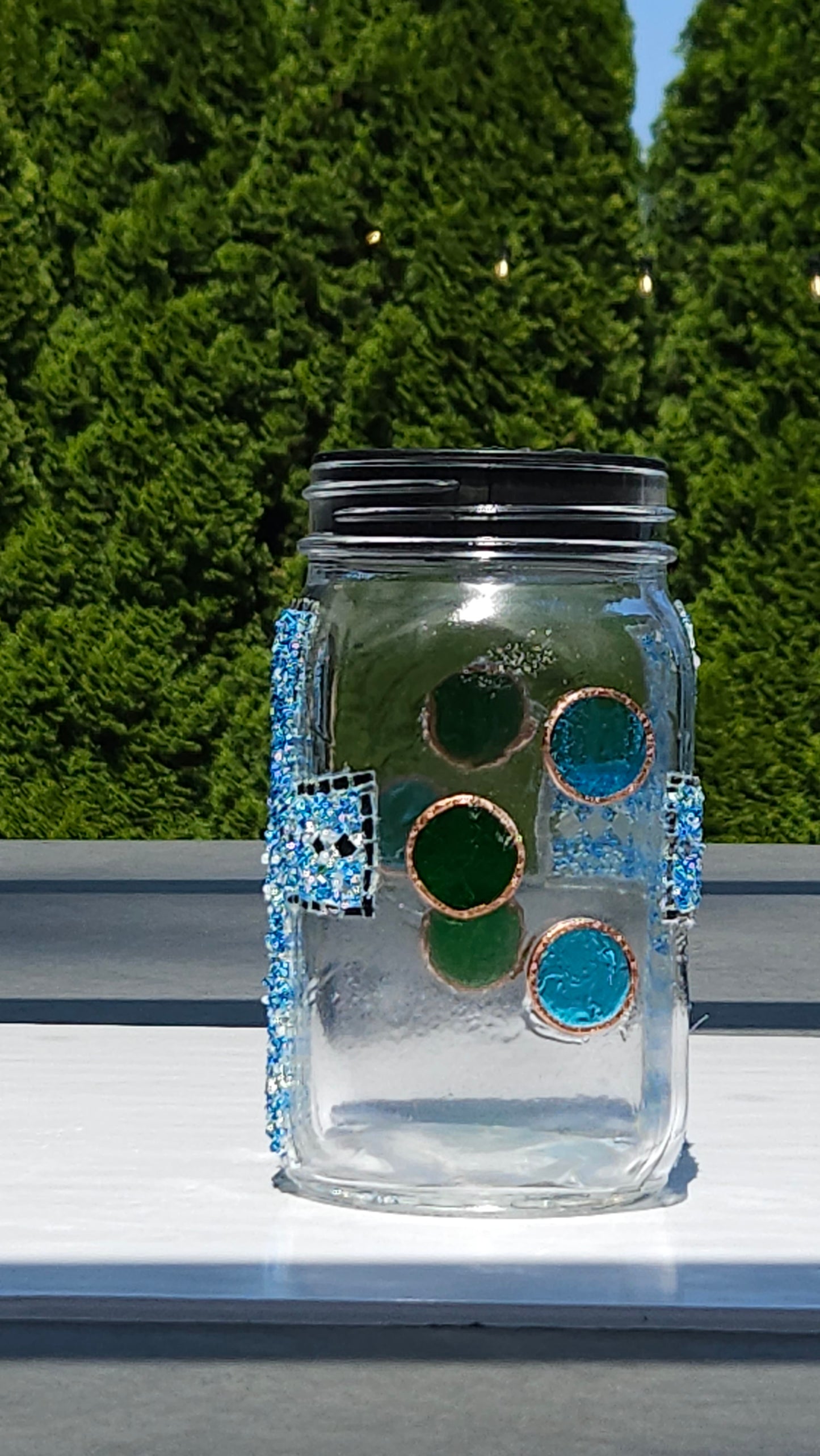 Handmade Mosaic Cross Solar Light Jar – Dark Blue Glass Beads & Copper Accents