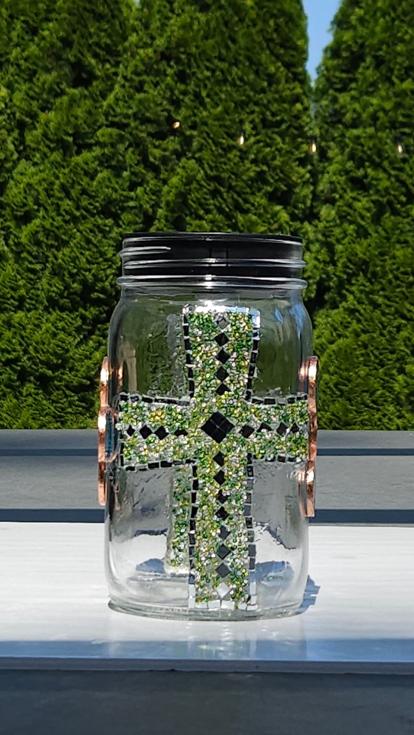 Handmade Mosaic Cross Solar Light Jar – Dark Green Glass Beads & Copper Accents