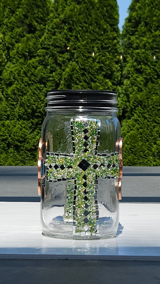 Handmade Mosaic Cross Solar Light Jar – Dark Green Glass Beads & Copper Accents