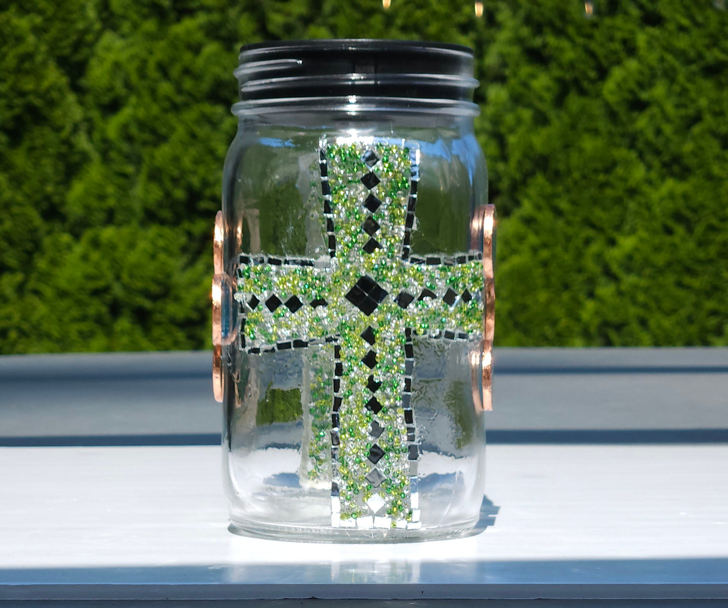 Handmade Mosaic Cross Solar Light Jar – Dark Green Glass Beads & Copper Accents